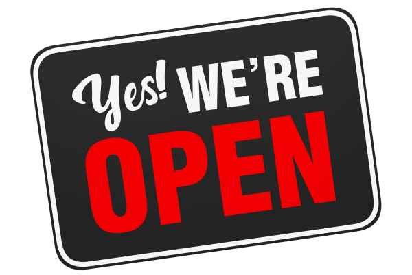 "Yes! We're Open" sign. "Yes! We're Open" sign.